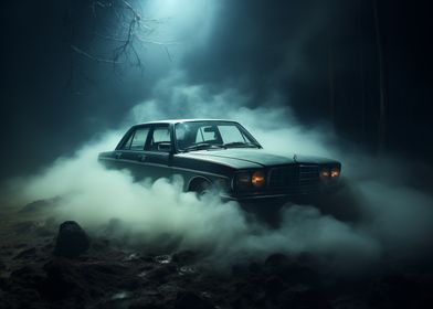 Classic car in fog