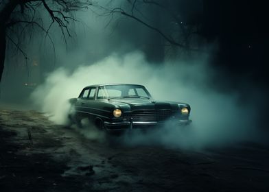 Classic car in fog