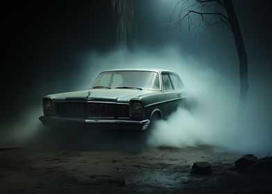 Classic car in fog