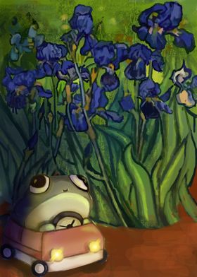 frog driving in irises 