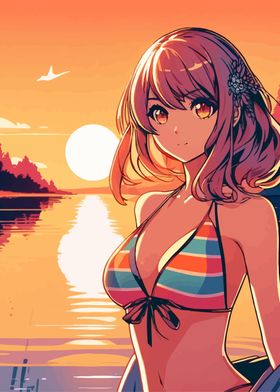 Anime Girl Lake Sunset