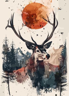 Deer Forest Sun Watercolor