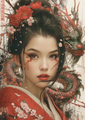 Japanese girl and dragon