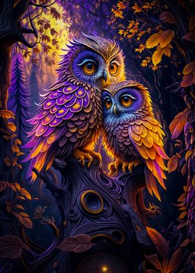 Two Owls cuddle in tree