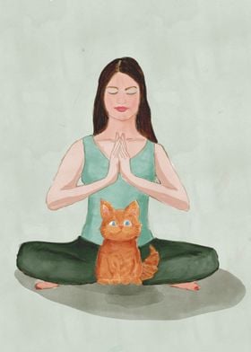 Yoga Girl And Red Cat
