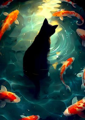 Black Cat with Koi Fish