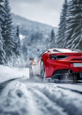 Red Ferrari Snow Drifting