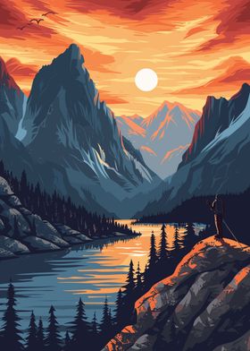 Retro Mountain Sunset