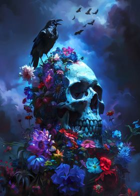 Skull Raven Flowers