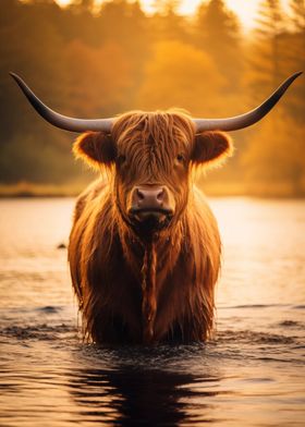 Highland Cow in The Water