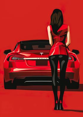 Tesla car and girl