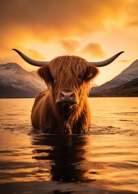 Highland Cow in The Water