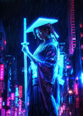 Neon Geisha in the Rain