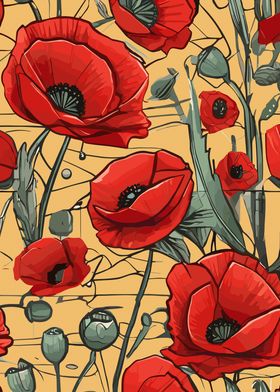 Red Poppy Seed Cubism Art