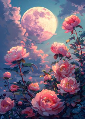 Peony Flowers Night Moon