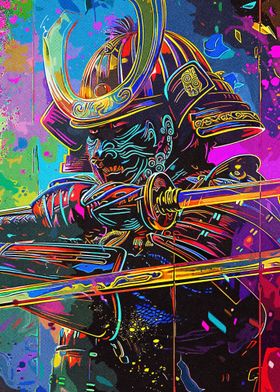 Line Art Neon Samurai