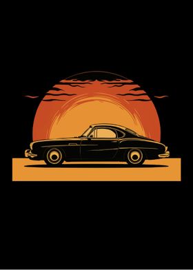 A classic car with sunset