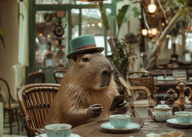 Capybara in hat with phone