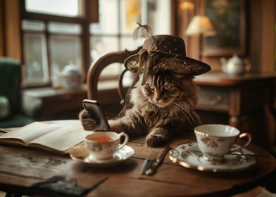 Cat in hat with smartphone