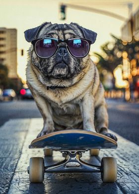 pug dog skateboarding