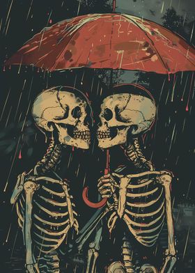 Skeletons sharing umbrella