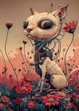 Robotic cat in flowers