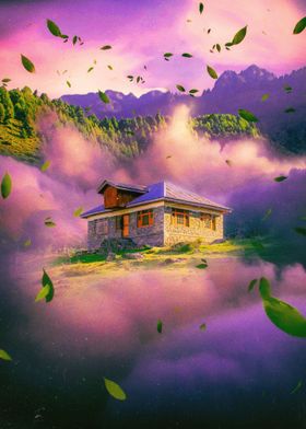 Cloudy cabin landscape