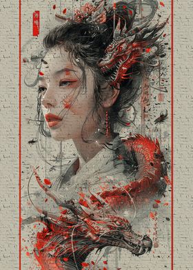 Vintage dragon geisha