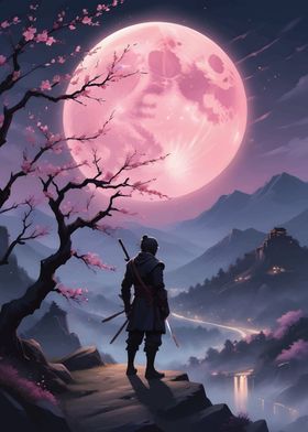 Pink Moon Samurai Warrior 