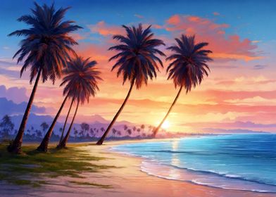 Palm Sea Beach by Sunset