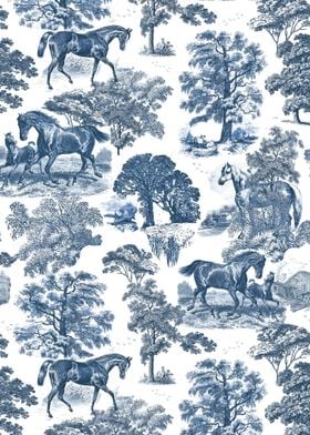 Blue White Toile Horses