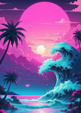 Wave Japan Sunset Retro