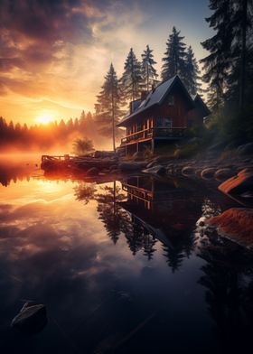 Morning lake with house