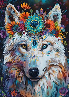 White wolf with flowers