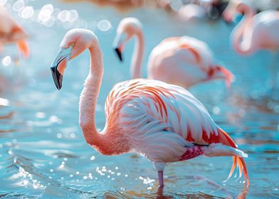 Flamingos wade