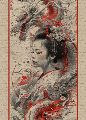 Vintage dragon geisha