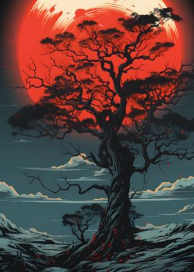 Tree Under Red Moonlight