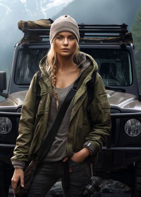 Woman explorer and car