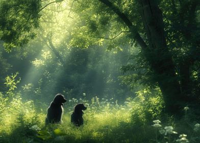 Dogs in Sunlit Forest