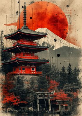 Japanese Temple Red Moon