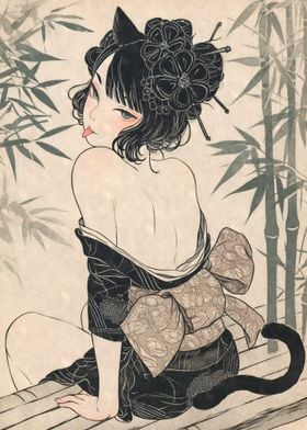Vintage Cat Girl Kimono