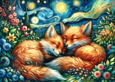 Cozy Foxes Under Stars
