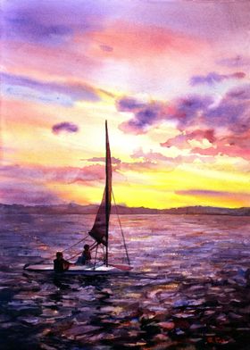 Boys on boat at sunset
