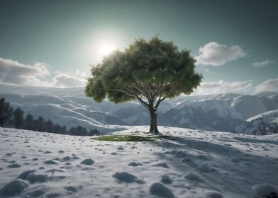 Snow and green tree