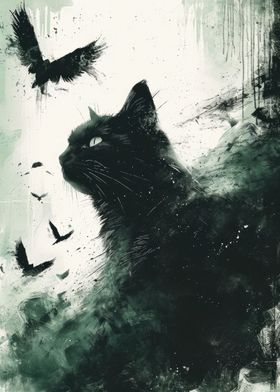 Ravens Watch Cat Painting