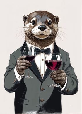 Otter With 2 Wine Glasses