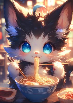 sweet Cat eating Spaghetti