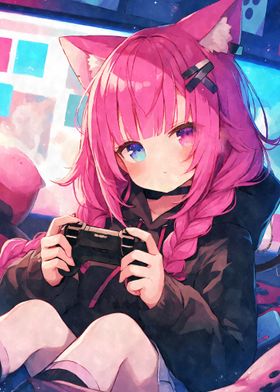 Kawaii Pink Cat Gamer Girl