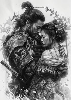 samurai couple hugging