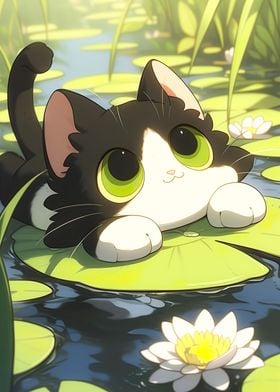 cute Cat on water lilie